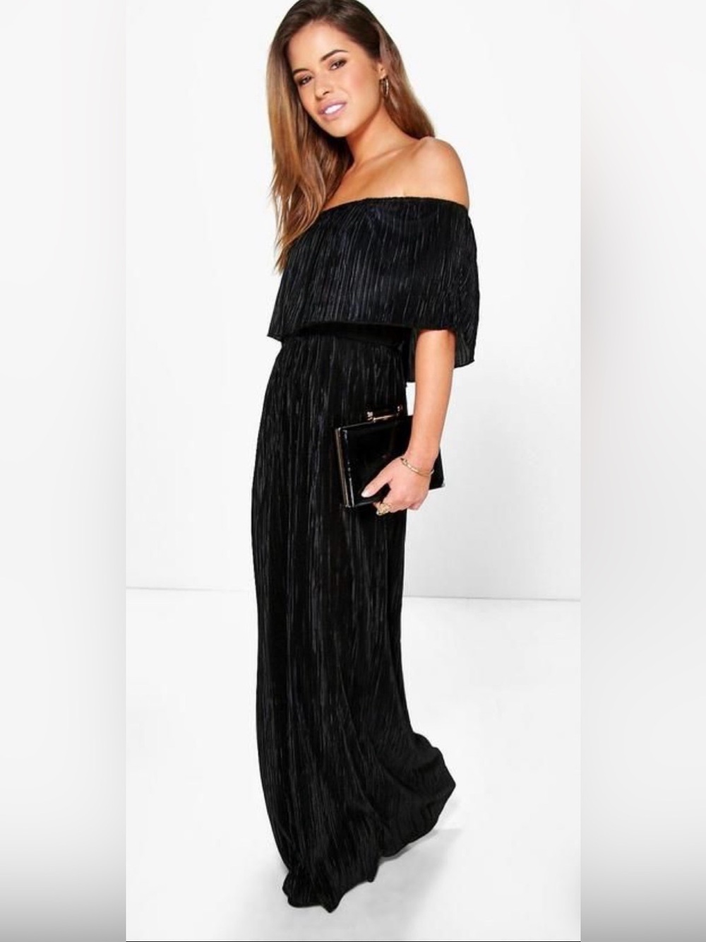 Boohoo Black Pleated Off-the-Shoulder Maxi Dress Size US 4